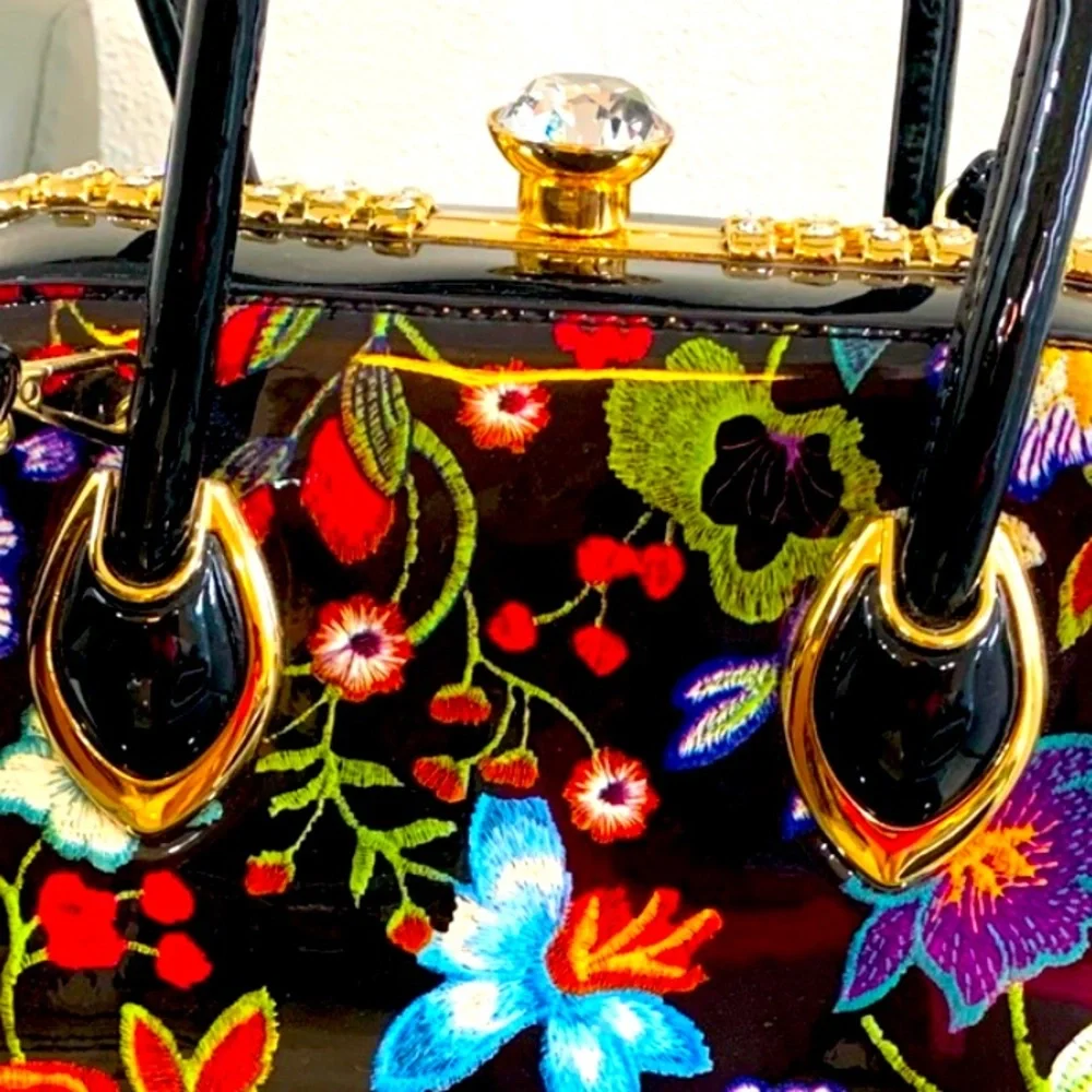 Floral & Giant Rhinestone Frame Satchel Hardshell Purse Crossbody Medium-Large - Picture 7 of 7